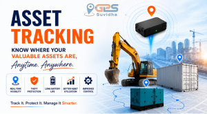 Asset tracking solution showing an excavator, generator and shipping container with real-time location tracking