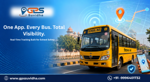 GPS Suvidha school bus tracking banner showing an Indian yellow school bus on a city road with live GPS map and location tracking visuals.