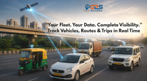 GPS vehicle tracking system showing multiple vehicles on a highway with satellite connectivity and real-time fleet monitoring.