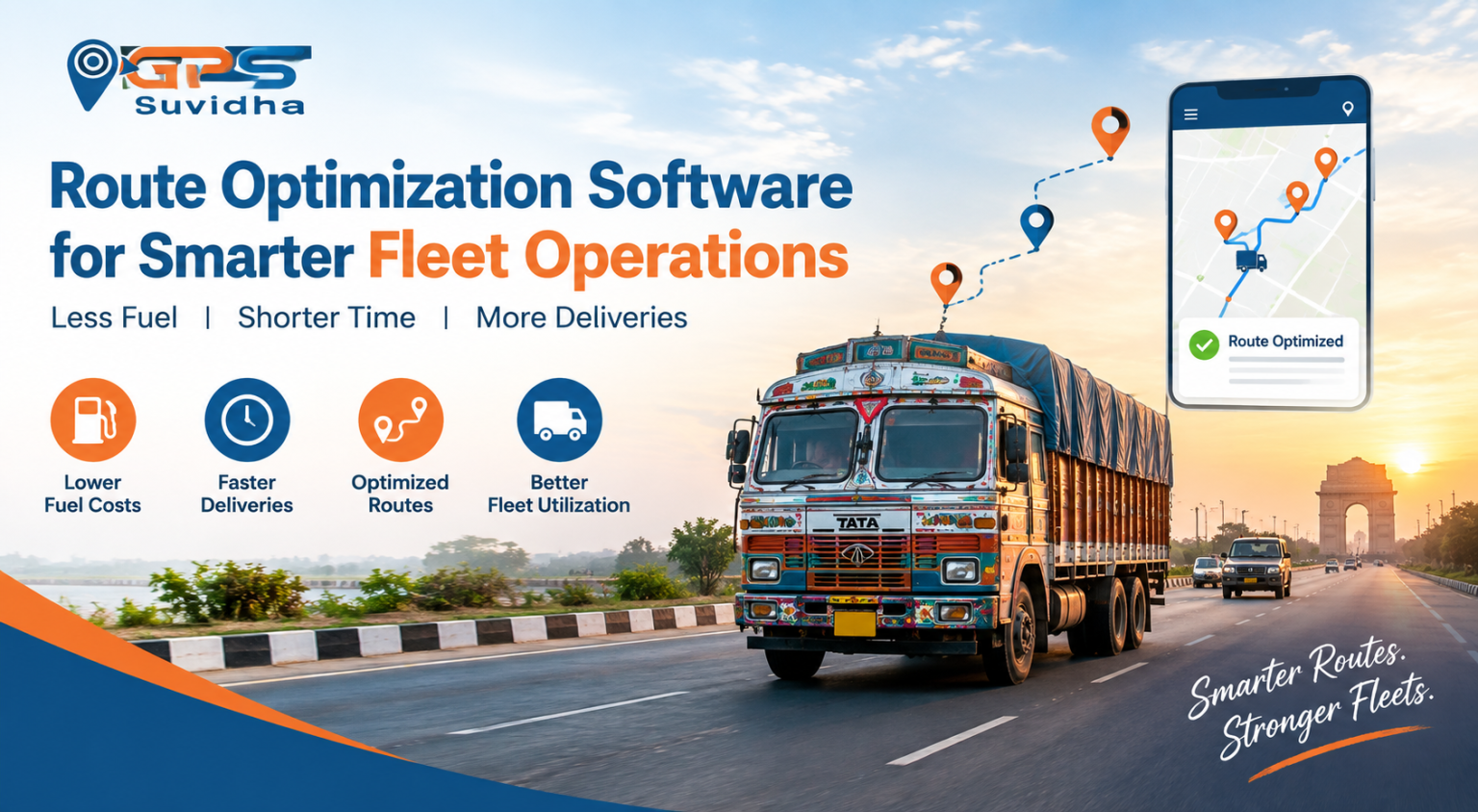 GPS Suvidha route optimization software banner showing an Indian truck on a highway, optimized route map, and benefits including lower fuel costs, faster deliveries, optimized routes, and better fleet utilization.