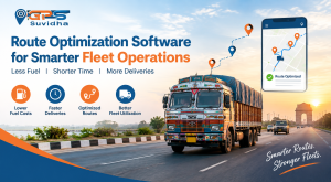 GPS Suvidha route optimization software banner showing an Indian truck on a highway, optimized route map, and benefits including lower fuel costs, faster deliveries, optimized routes, and better fleet utilization.