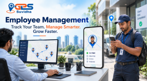 GPS Suvidha employee management solution showing real-time field employee tracking, client visits, routes, and employee location monitoring.