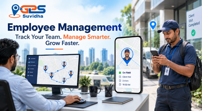 GPS Suvidha employee management solution showing real-time field employee tracking, client visits, routes, and employee location monitoring.