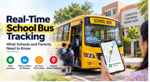 GPS Suvidha real-time school bus tracking banner showing a yellow school bus, students boarding, and a parent viewing the bus location on a mobile app.