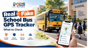 Real vs fake school bus GPS tracker comparison showing a school bus, live tracking on a smartphone, and key factors such as accurate location, reliable performance, real-time updates, and child safety.