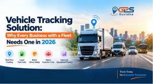 GPS Suvidha vehicle tracking solution showing a truck and multiple fleet vehicles on a city highway with real-time GPS location pins, highlighting fleet visibility, fuel efficiency, driver safety, customer trust, and operational efficiency.