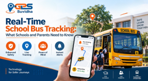 GPS Suvidha real-time school bus tracking banner showing a school bus, parent checking live bus location on a smartphone, students boarding, and GPS tracking features.