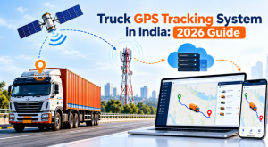 Truck GPS tracking system in India with satellite, telecom tower, cloud dashboard, laptop and mobile tracking interface